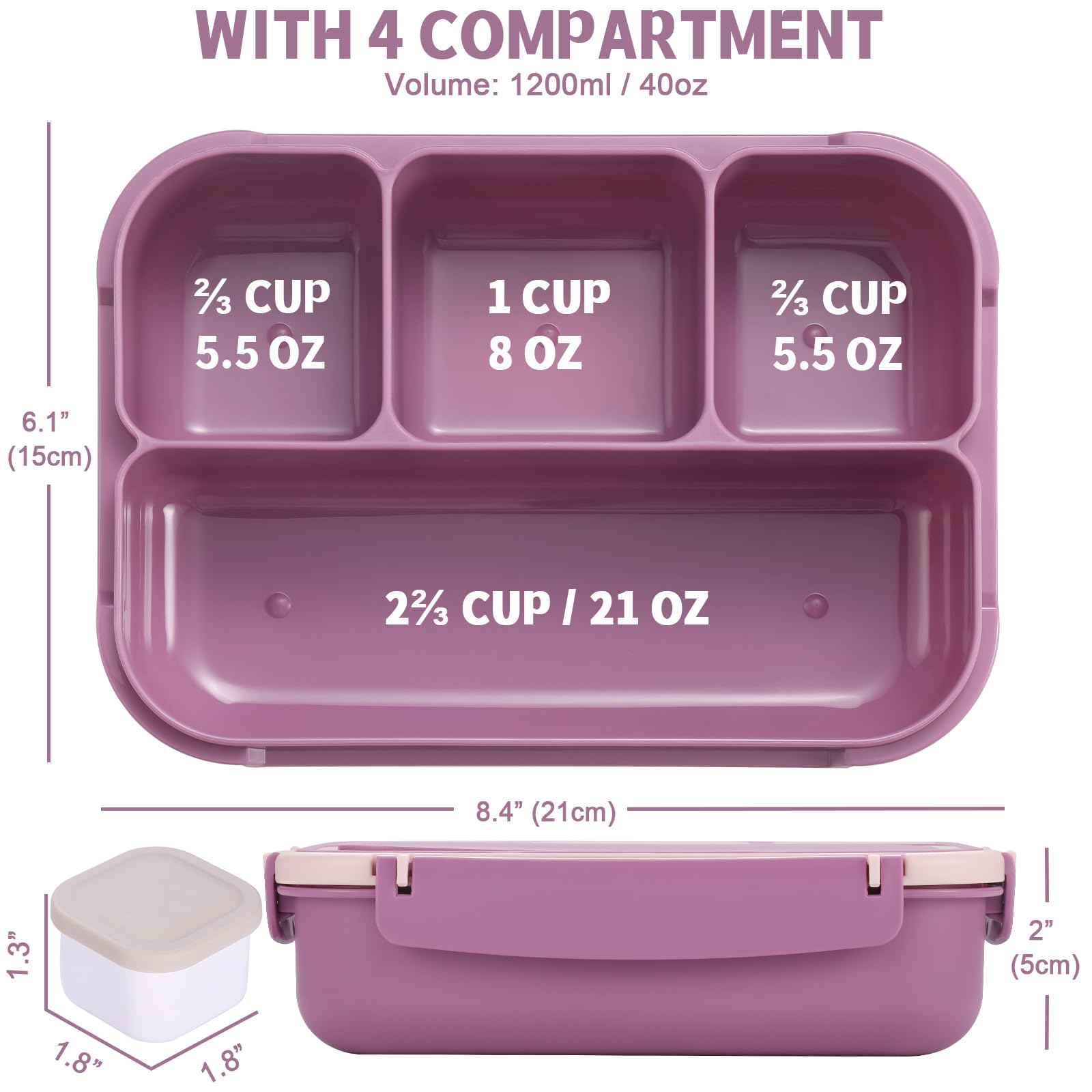 Bento Box Adult Lunch Box, Containers for Adults Men Women with 4 Compartments, Lunchable Food Container with Utensils, Sauce Jar, Muffin Liners, 40 Oz/5 Cup, Microwave & Dishwasher Safe, Brown