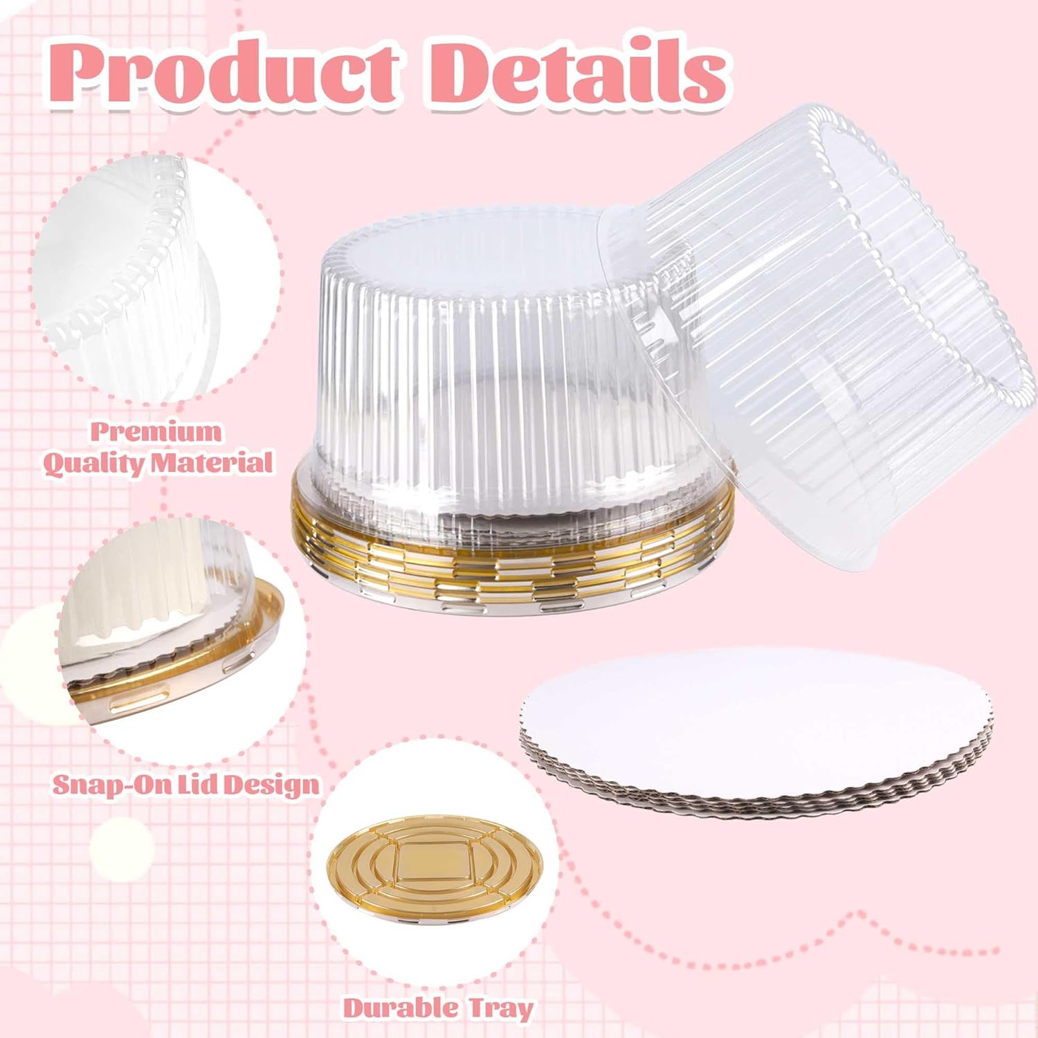 10 Inch Plastic Cake Carriers Gold Cake Containers with Lid and White Cake Boards, Clear Cupcake Holder for 1-2 Layer Cheesecake, Bundt Cake Pie Bakery Supplies(5 Pack)