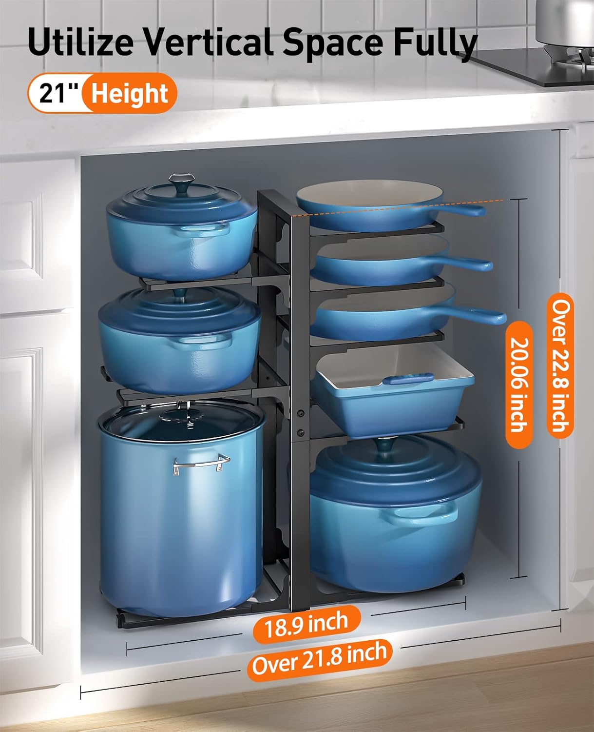 ORDORA Pots and Pans Organizer for Cabinet, 8 Tier Pot Rack with 3 DIY Methods Pots and Pans Organizer: under Cabinet, 21" Height