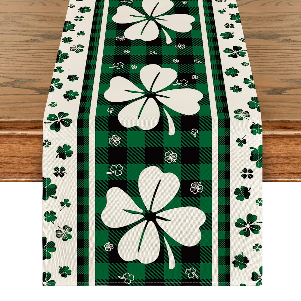 Artoid Mode Green Clover Buffalo Plaid Shamrocks St.Patrick's Day Table Runner, Seasonal Kitchen Dining Table Decoration for Indoor Home Party 13x72 Inch