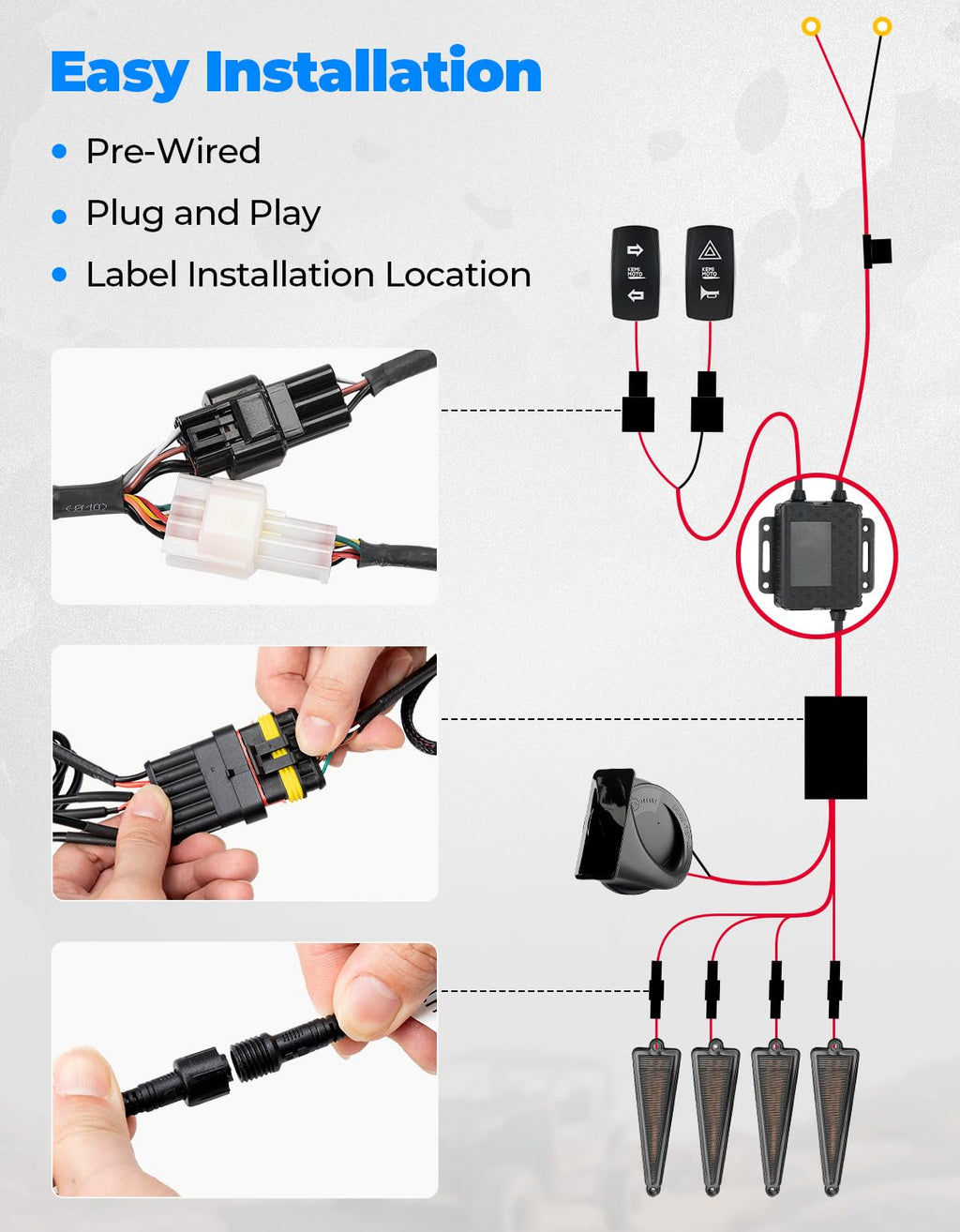 KEMIMOTO UTV Turn Signal Kit with 110D Horn, Pre-Wired, Plug and Play UTV ATV Blinker with Rocker Switch, Triangle Universal Street Legal Turn Signals Compatible with Polaris, Can-Am, Teryx, CFMOTO