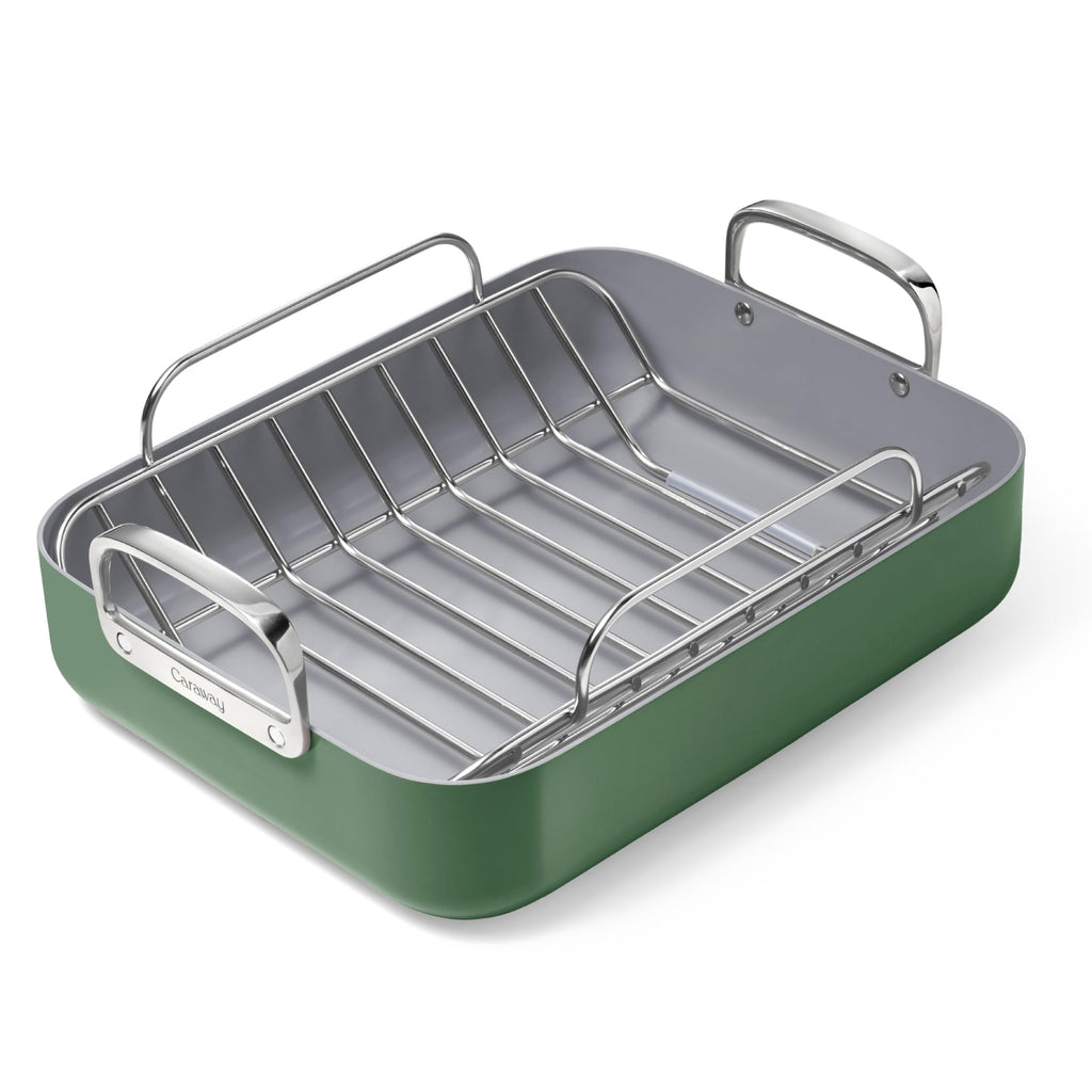 Caraway Roasting Pan - 16x13” Roasting Pan with Rack - Non-Stick Ceramic Coated - Non Toxic, PTFE & PFOA Free - Oven Safe & Compatible with All Stovetops - Cream