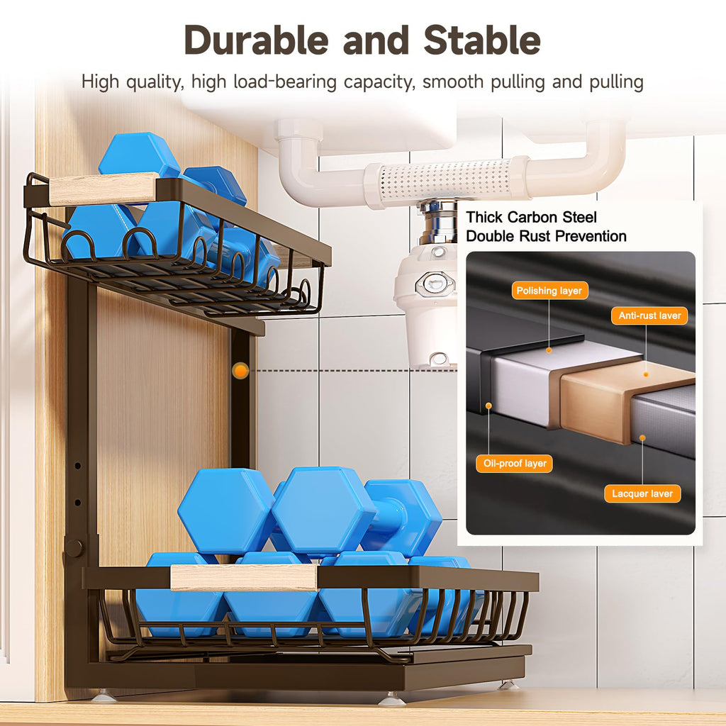 2 Packs Under Sink Organizer, Height Adjustable 2 Tier Under Kitchen sink organizer, Multi-Purpose Storage Shelf for Kitchen Bathroom Cabinet (Brown, Large)