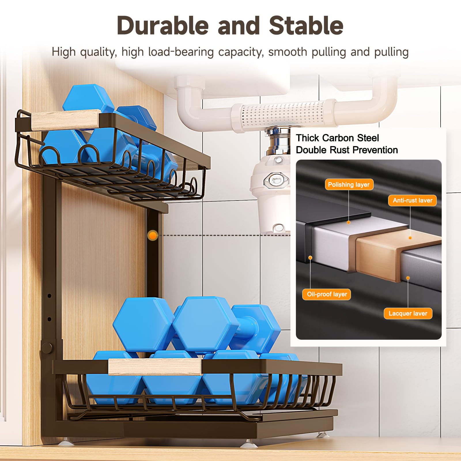 2 Packs Under Sink Organizer, Height Adjustable 2 Tier Under Kitchen sink organizer, Multi-Purpose Storage Shelf for Kitchen Bathroom Cabinet (Brown, Large)