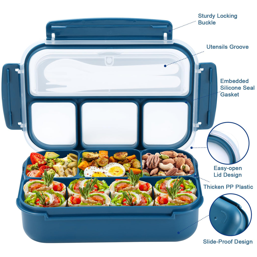 Bento Box Adult Lunch Box, Containers for Adults Men Women with 4 Compartments, Lunchable Food Container with Utensils, Sauce Jar, Muffin Liners, 40 Oz/5 Cup, Microwave & Dishwasher Safe, Brown