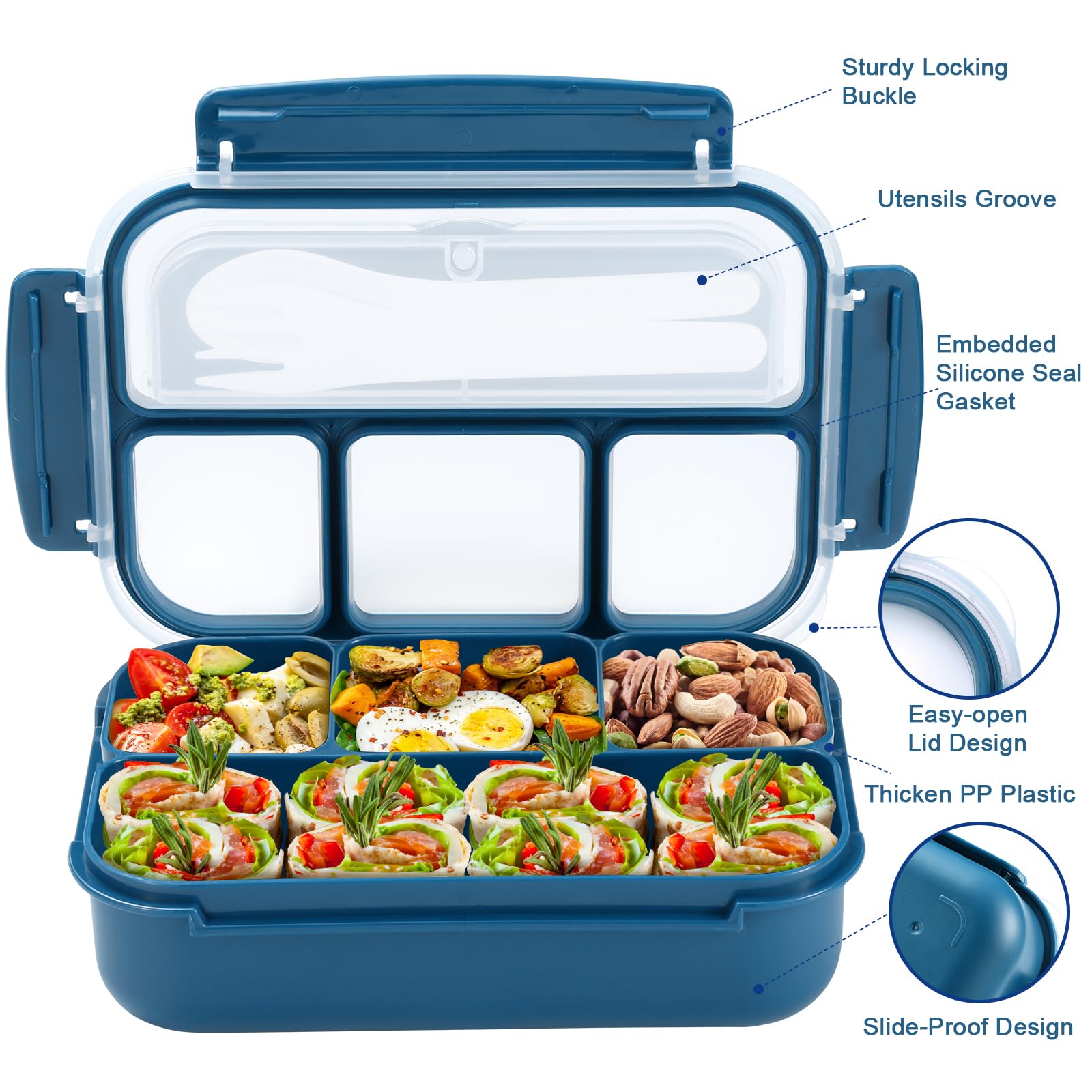 Bento Box Adult Lunch Box, Containers for Adults Men Women with 4 Compartments, Lunchable Food Container with Utensils, Sauce Jar, Muffin Liners, 40 Oz/5 Cup, Microwave & Dishwasher Safe, Brown