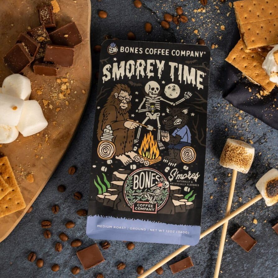 Bones Coffee Company Blueberry Blast Cake, Blueberry Pancakes Flavored Coffee, Medium Roast Low Acid Arabica Beans Compatible with Auto drip and French Press Coffee Maker, 12 Oz Ground