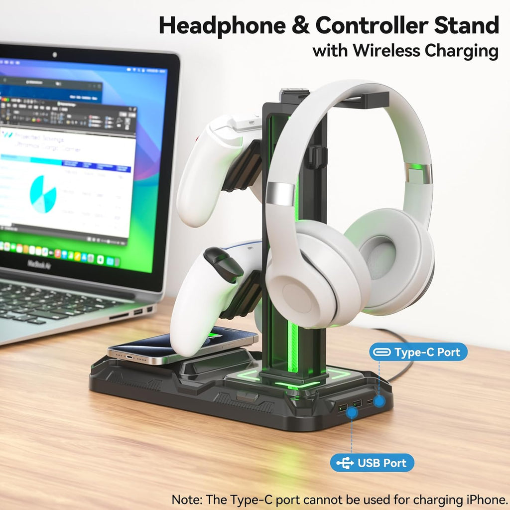 KDD RGB Headphone Controller Stand with Wireless Charging & Desk Aluminum Headphone Stand for Universal Storage