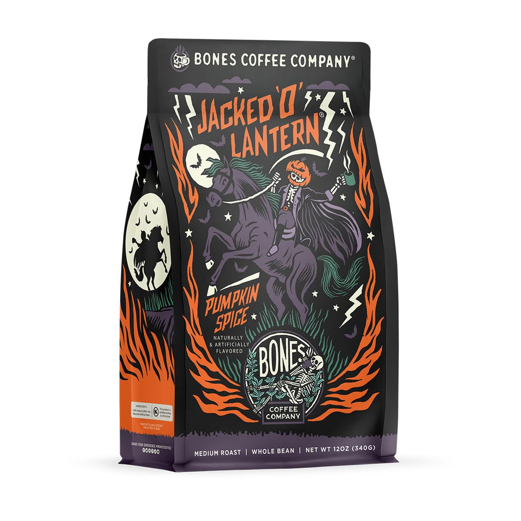 Bones Coffee Company Salted Caramel Flavored Coffee, Medium Roast Low Acid Arabica Beans Compatible with Auto drip and French Press Coffee Maker, 12 Oz Whole Bean