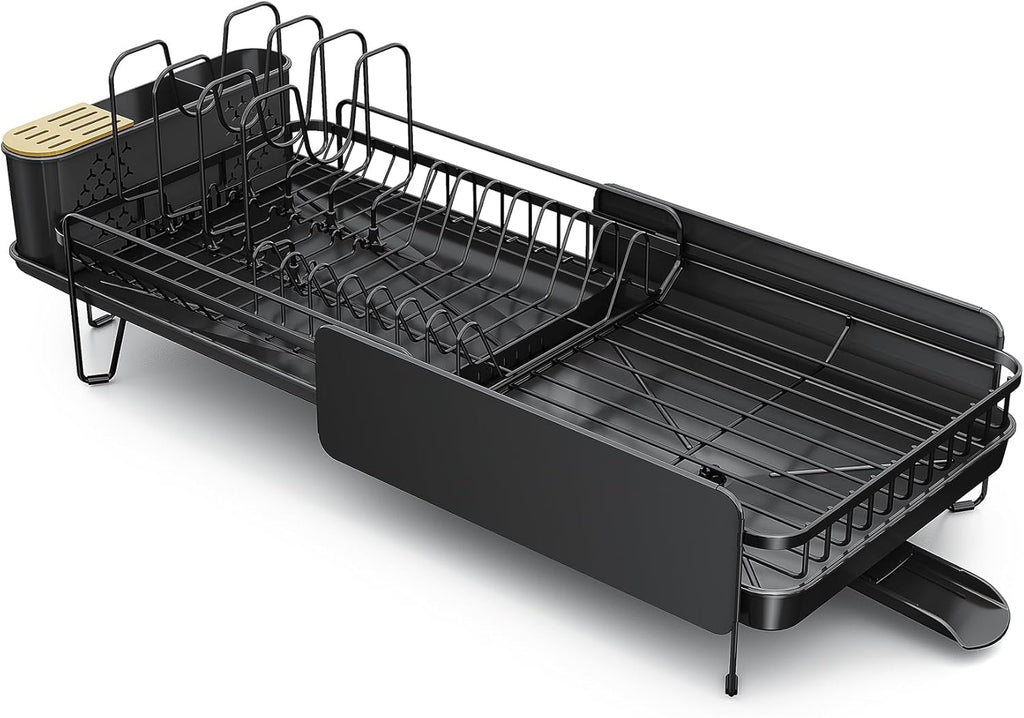 SNTD Large Dish Drying Rack - Expandable (19.3" to 29.4") Dish Rack for Kitchen Counter, Stainless Steel Dish Drainer with Utensil Holder, Pan Holder & Pot Lid Holder, Black