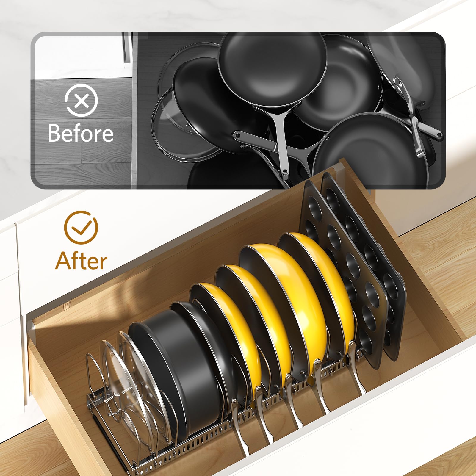 ORDORA Pots and Pans Organizer under Cabinet, Expandable 11.8"-22.8" Pot Lid Holder with 12 Adjustable Dividers, Pan Organizers inside Cabinet for Kitchen Cookware Bakeware, Black