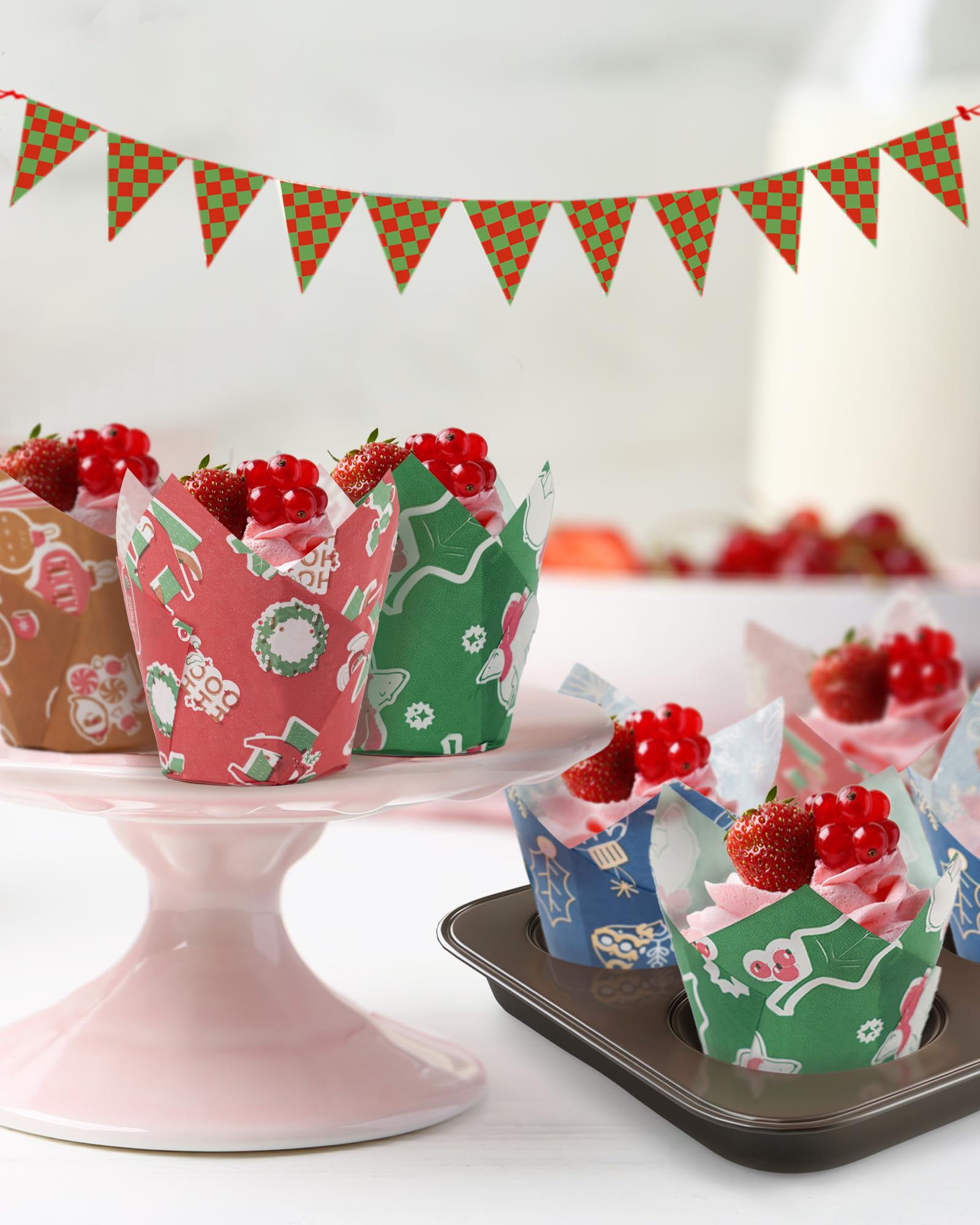 200 Pcs Christmas Tulip Cupcake Liners with 24 Pcs Cupcake Toppers, Cupcake Liners, Tulip Cupcake Liners for Baking, Standard Tulip Muffin Liners for Christmas Holiday