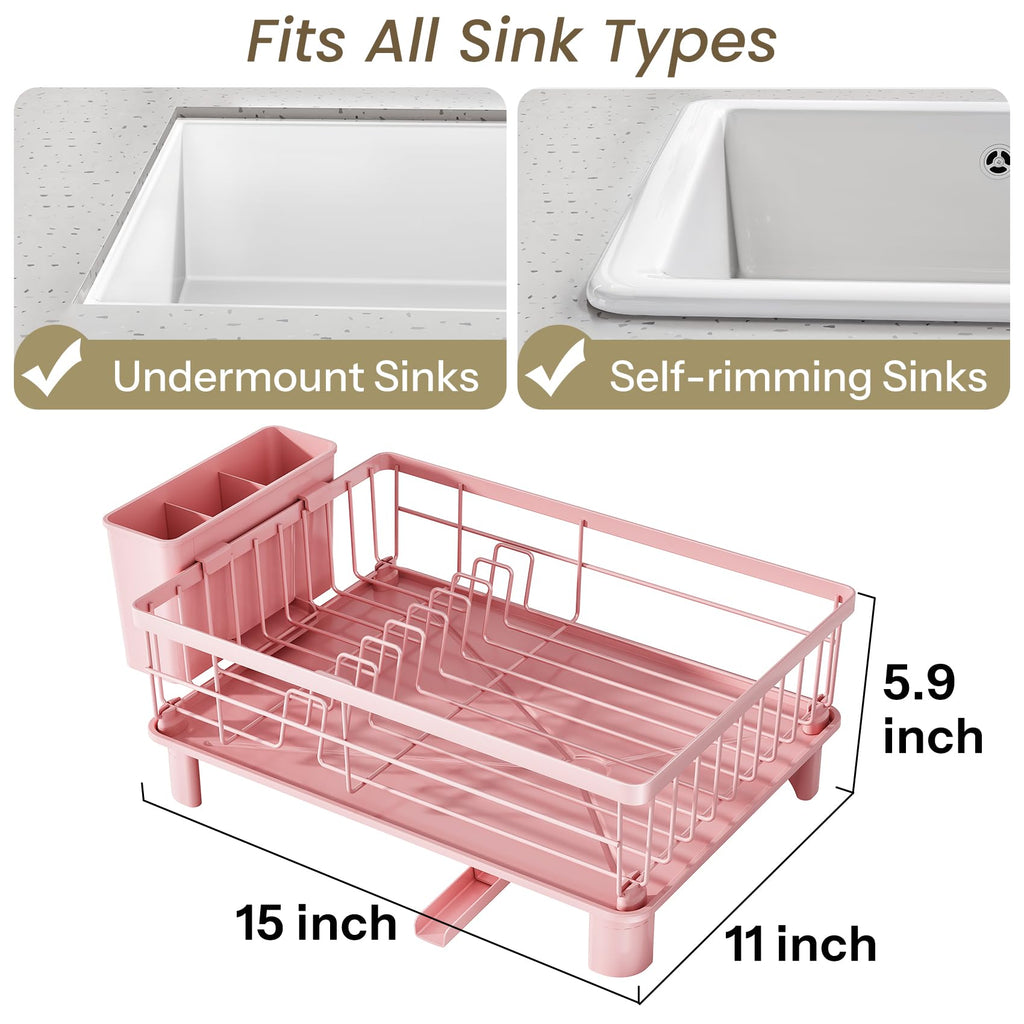 SNTD Dish Drying Rack - Small Dish Rack for Kitchen Counter, Stainless Steel Dish Drainer with Utensil Holder and Drainboard, 11" W x 15" L (Black)