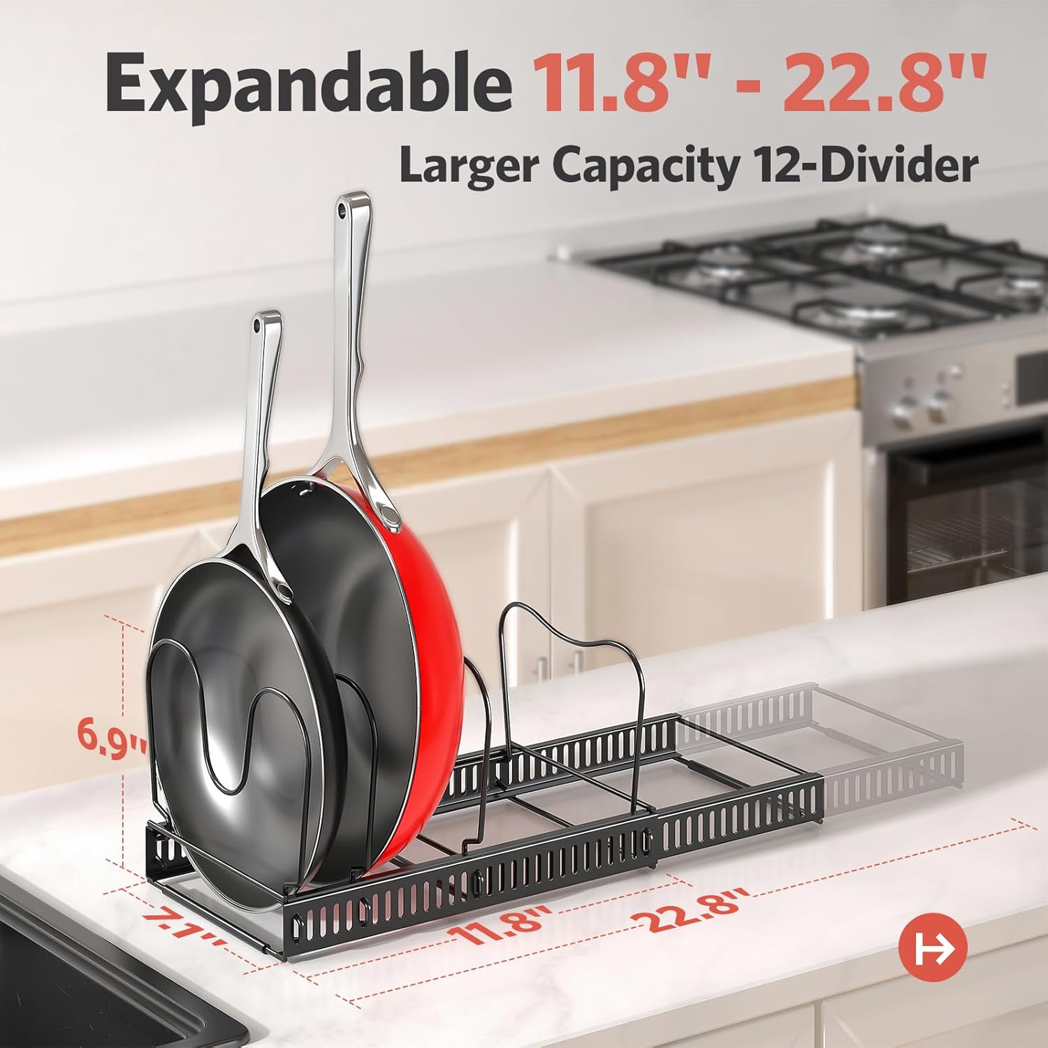 ORDORA Pots and Pans Organizer Expandable 11.8"-22.8" & Extendable Large Dish Drying Rack for Kitchen Counter, 13.4"-28.7" L x 11.8" W