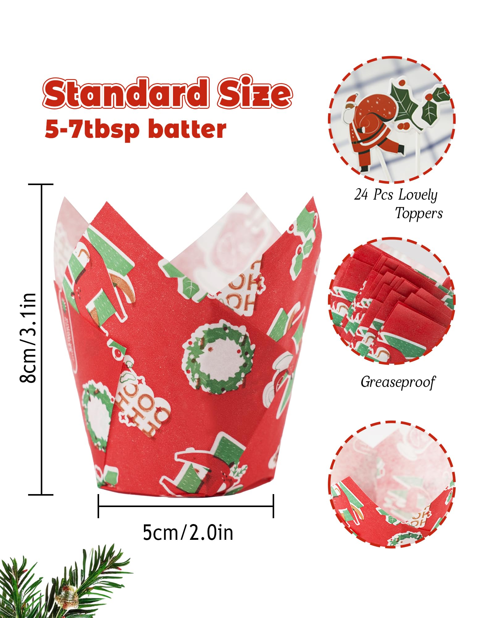 200 Pcs Christmas Tulip Cupcake Liners with 24 Pcs Cupcake Toppers, Cupcake Liners, Tulip Cupcake Liners for Baking, Standard Tulip Muffin Liners for Christmas Holiday