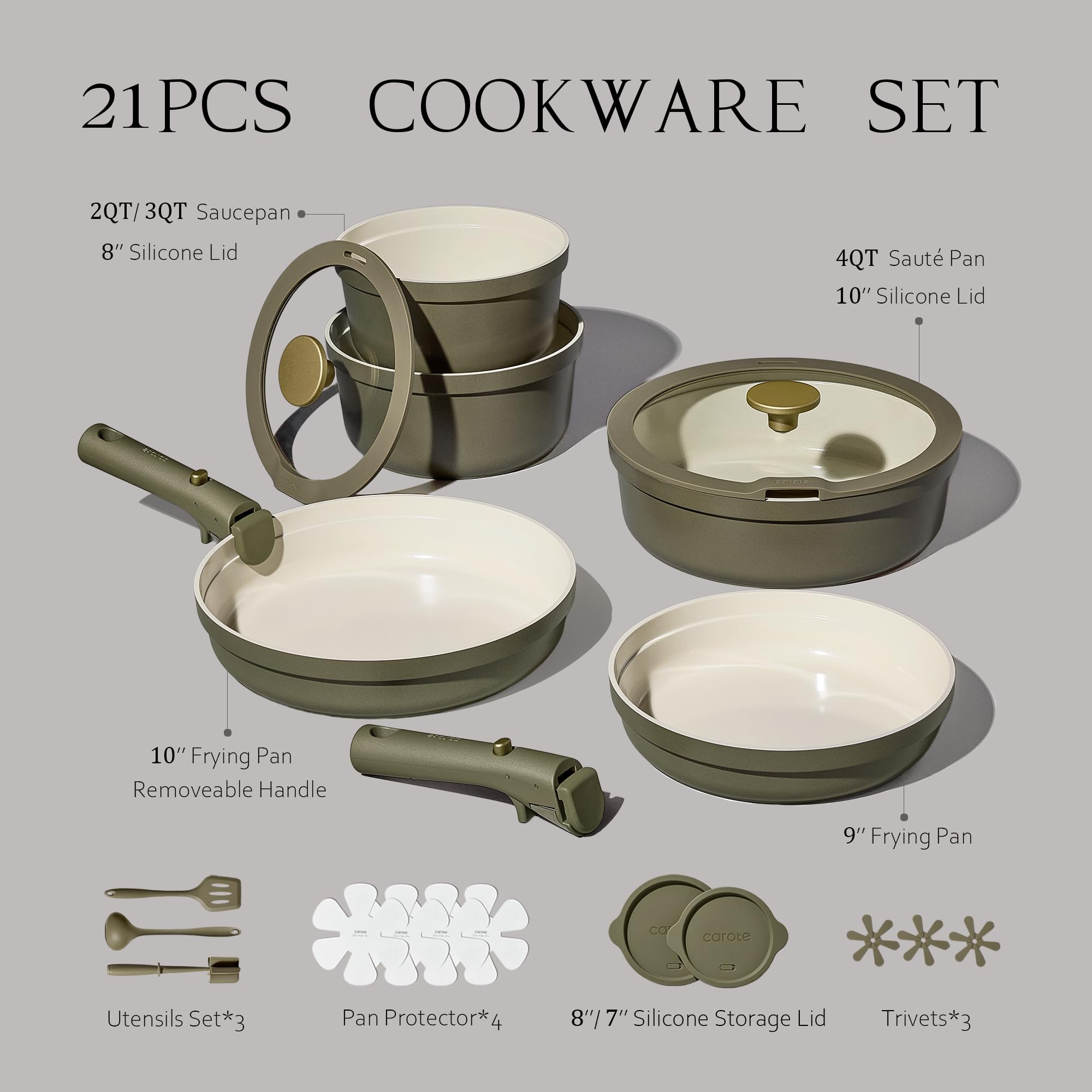 Carote 20pcs Ceramic Cookware Set with Detachable Handles, Pots and Pans Set Non Stick, RV Kitchen Cooking Pot and Pan, Dishwasher Safe, Non-toxic Induction Cookware PFAS and PFOA Free, Grey