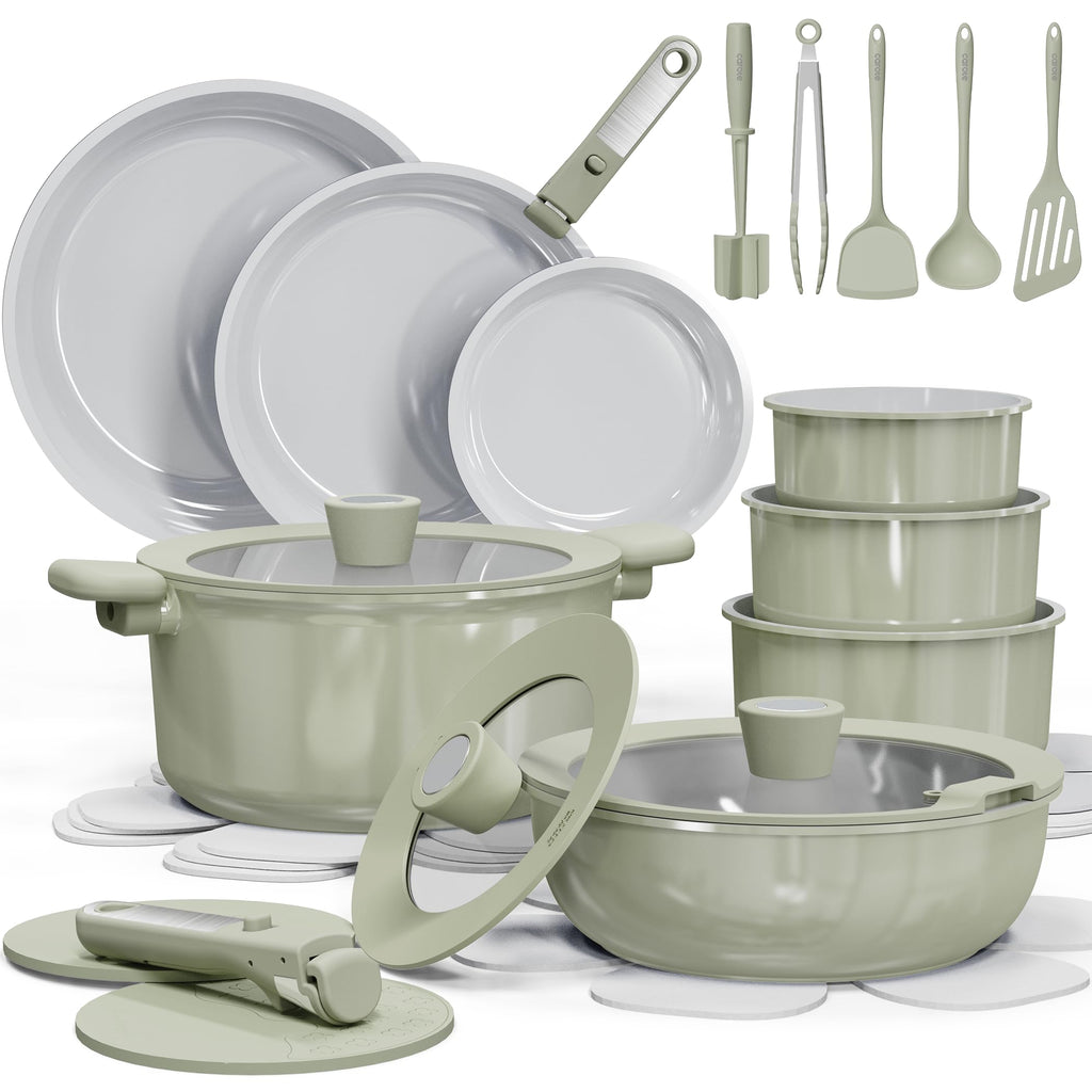 CAROTE 27pcs Ceramic Cookware Set Nonstick, Pots and Pans Set Non Stick, Non Toxic Cookware Detachable Handles, Dishwasher/Oven Safe, RV/Camping Cookware, Pan and Pot with Kitchen Utensils, Navy Blue