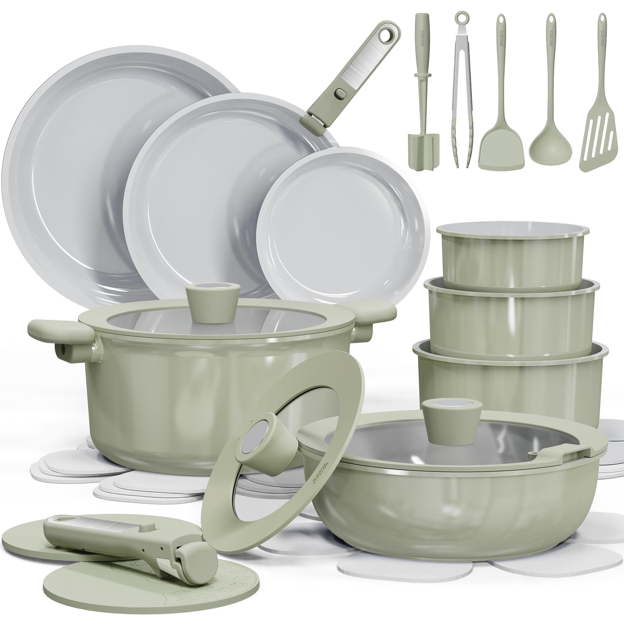 CAROTE 27pcs Ceramic Cookware Set Nonstick, Pots and Pans Set Non Stick, Non Toxic Cookware Detachable Handles, Dishwasher/Oven Safe, RV/Camping Cookware, Pan and Pot with Kitchen Utensils, Navy Blue