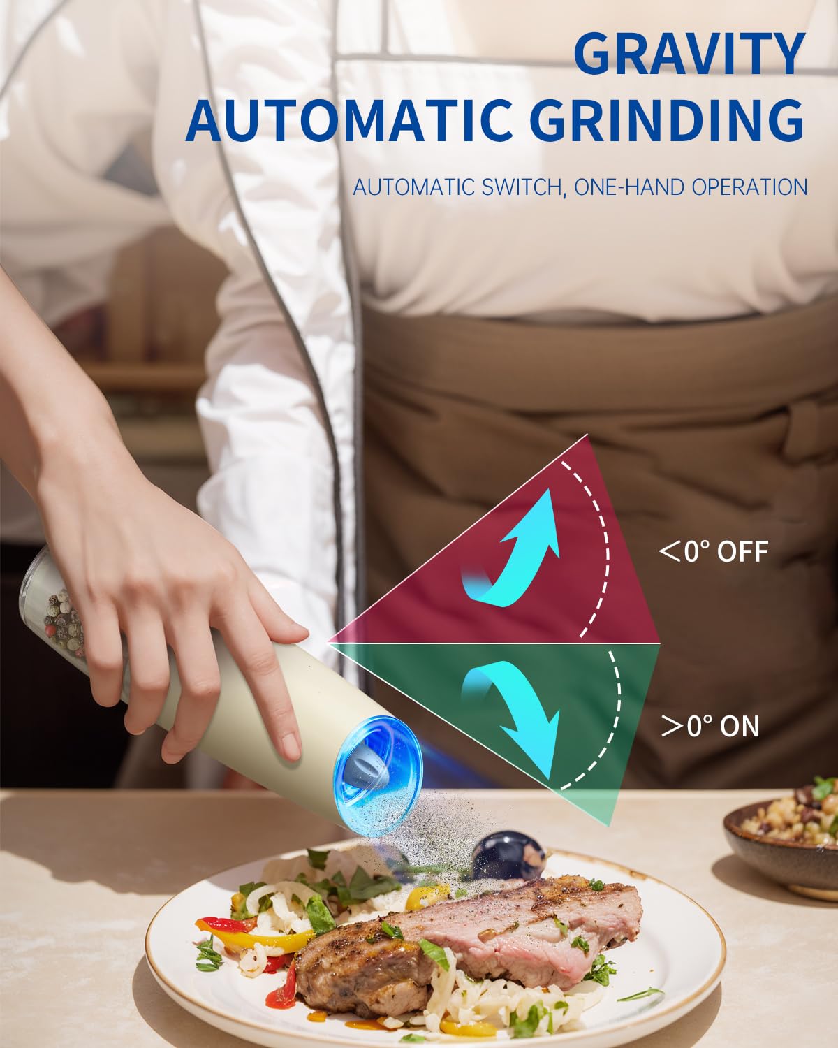 CIRCLE JOY Rechargeable Salt and Pepper Grinder Set Gravity Electric Salt and Pepper Grinder Set, LED Light, Adjustable Coarseness, for Home Kitchen BBQ, Black & White