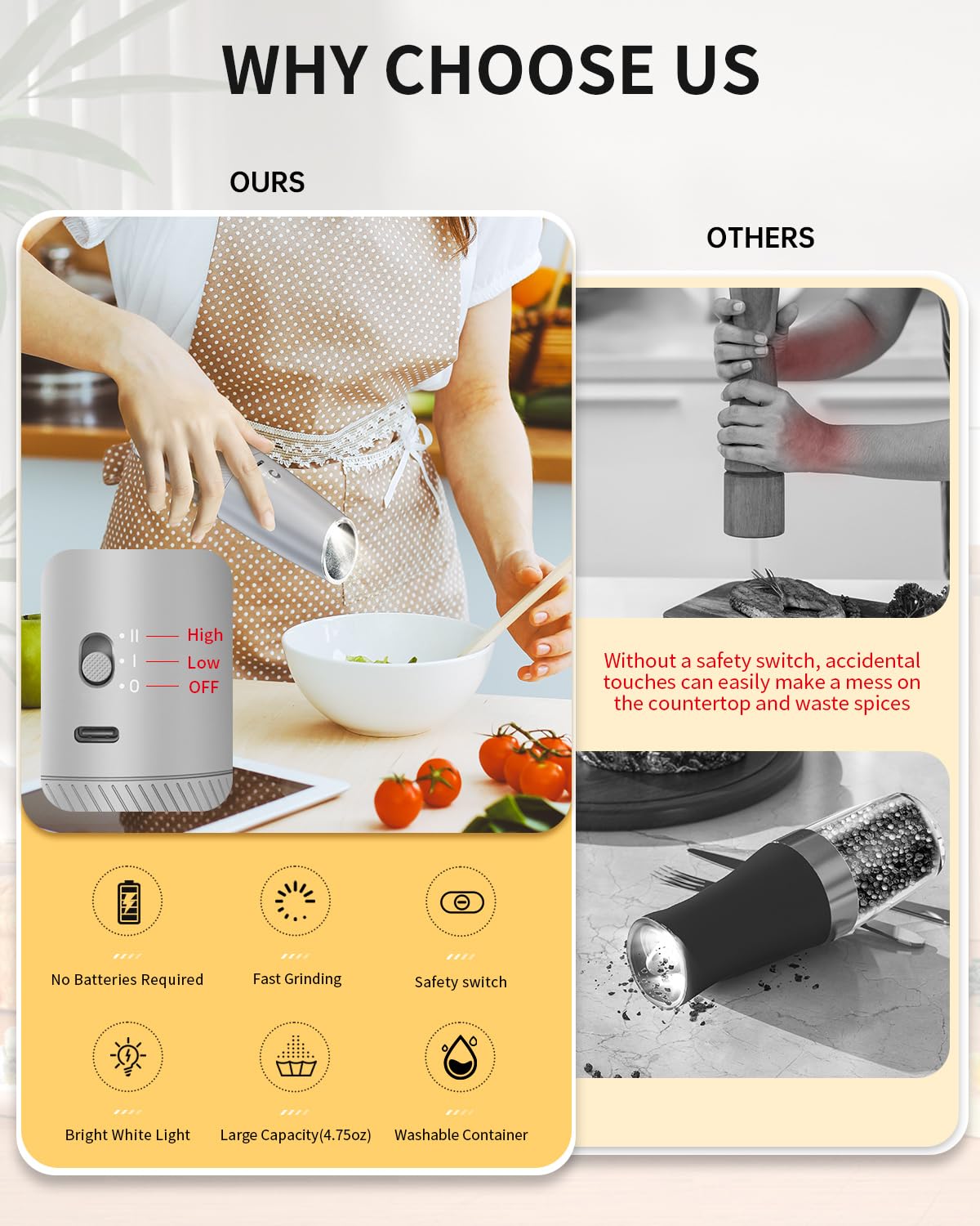 CIRCLE JOY Rechargeable Salt and Pepper Grinder Set Gravity Electric Salt and Pepper Grinder Set, LED Light, Adjustable Coarseness, for Home Kitchen BBQ, Black & White