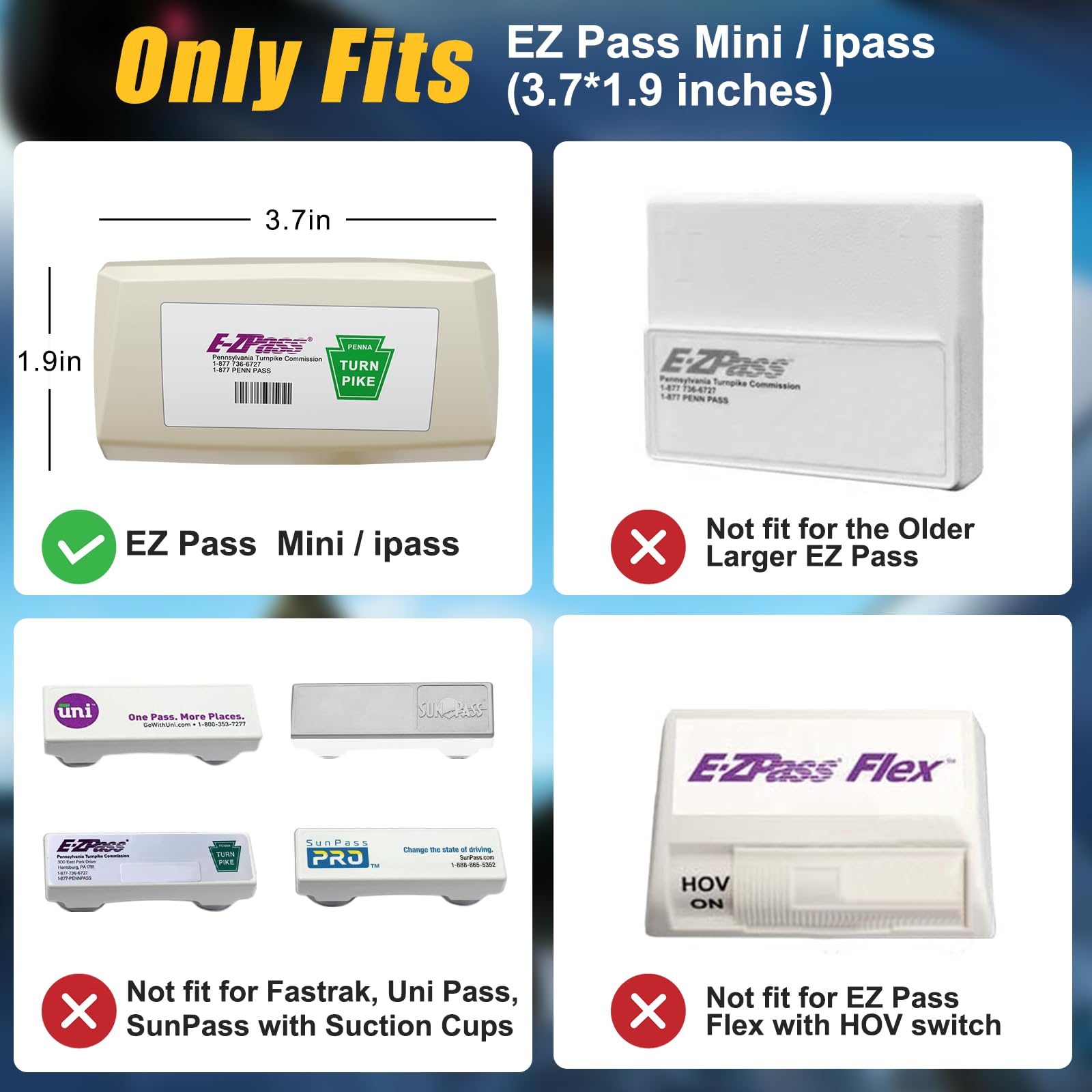 EZ Pass Holder, EZ Pass Holder for Windshield, Transponder Holder for Car with Removable Suction Cups, Toll Pass Holder for EZ Pass Mini/iPass, Install without Peeling off Velcro (Clear, 1Pack)