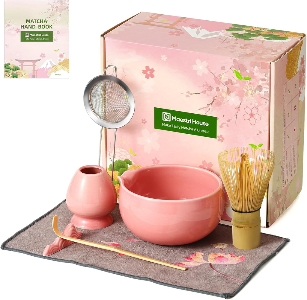 Maestri House 7-Piece Matcha Kit with Ceramic Bowl, Bamboo Whisk & Handcrafted Organic Bamboo Chasen with 72-Prong Design– Perfect for Matcha Lovers