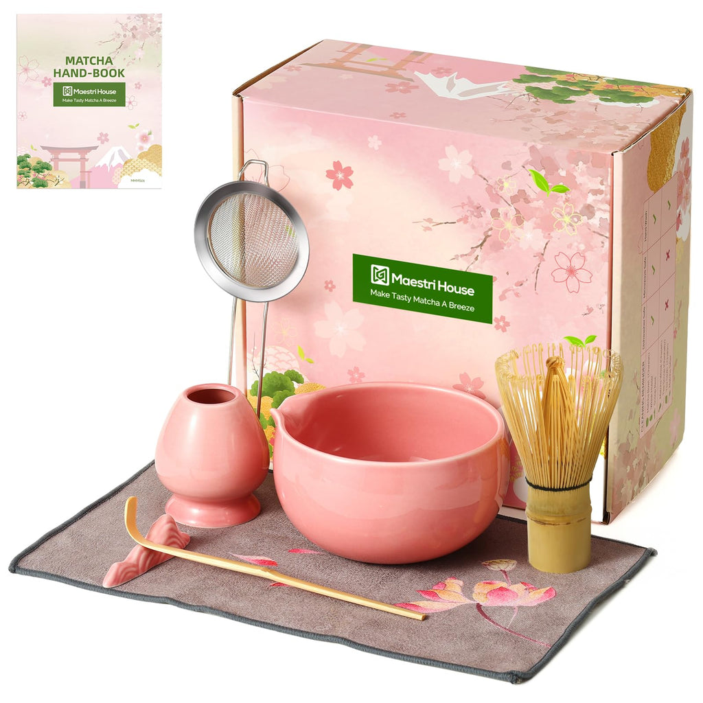 Maestri House Pink Matcha Whisk Set, 7-Pc Complete Matcha Kit with Spouted Ceramic Bowl, Bamboo Whisk and Holder, Scoop, Spoon Rest & Sifter, Tea Cloth – Ideal Gift for Matcha Lovers (Pink)