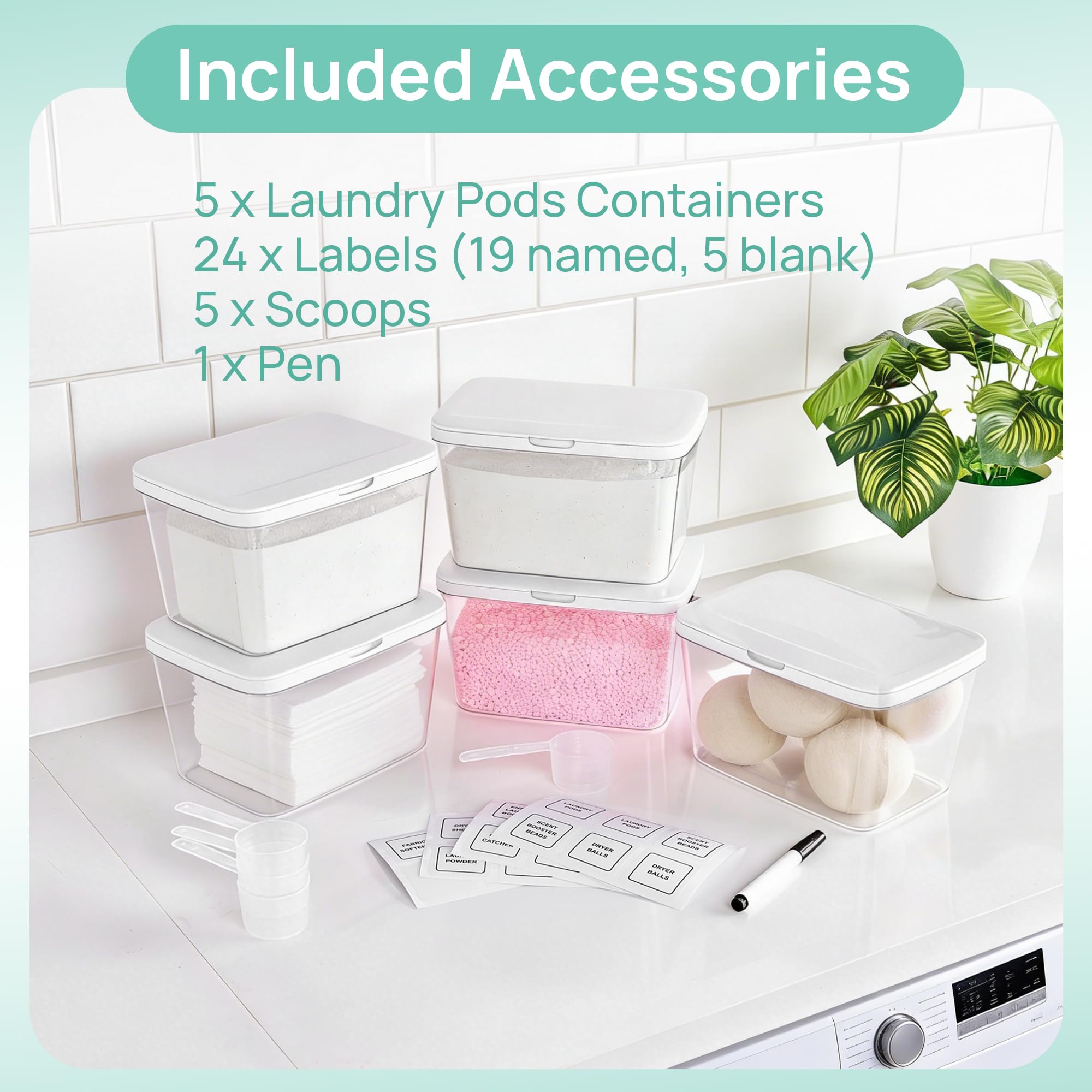 Vtopmart 4 Pack Laundry Pods Container and Dryer Sheet Holder, Detergent Powder Container with Lids &Labels & Scoop for Laundry Room Organization, Laundry Storage for Powder, Pods, Scent Booster Beads