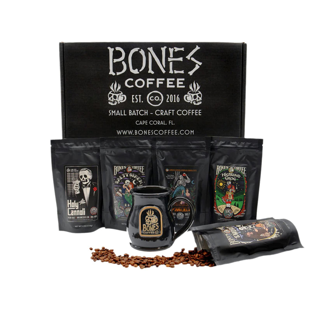 Bones Coffee Company NEW Favorite Flavors Sample Pack, Assorted Flavored Coffee Low Acid Medium Roast Arabica Beans Specialty Coffee Gifts, Auto Drip and French Press Compatible, 4 oz Pack of 5 Ground