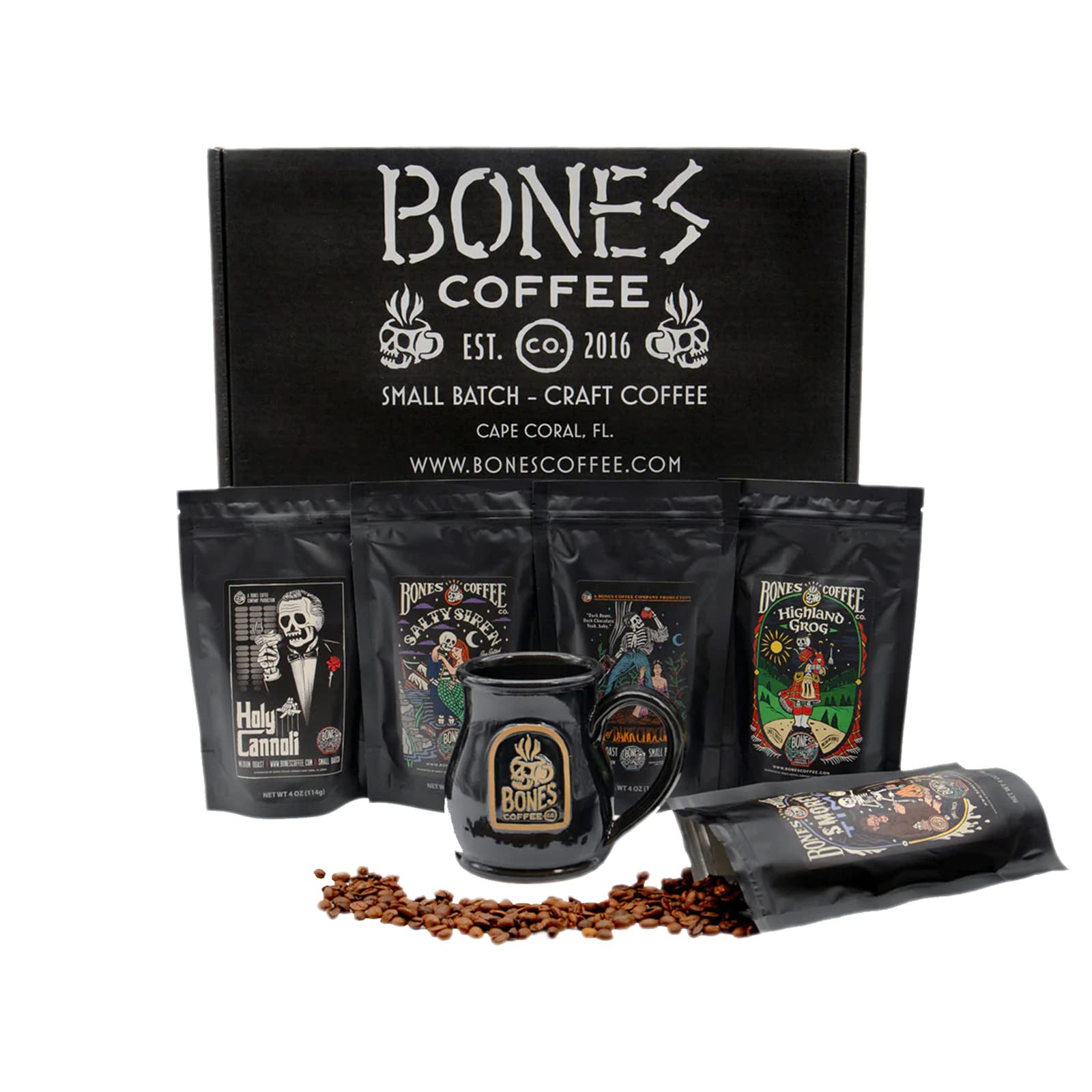 Bones Coffee Company NEW Favorite Flavors Sample Pack, Assorted Flavored Coffee Low Acid Medium Roast Arabica Beans Specialty Coffee Gifts, Auto Drip and French Press Compatible, 4 oz Pack of 5 Ground