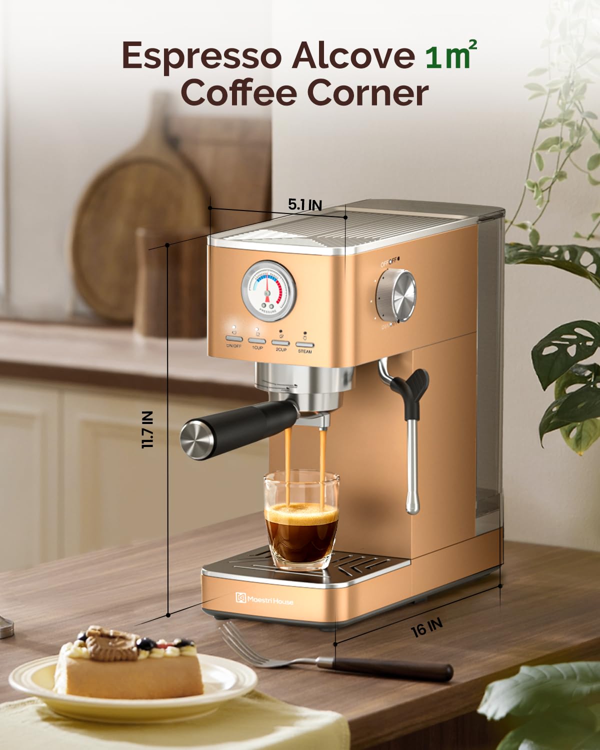 Maestri House Espresso Machine, 20 Bar ULKA Pump, Compact Espresso Maker Built-in Flow Meter Steam Milk Frother, Stainless Steel Coffee Machine for Cappuccino, Latte (Black)