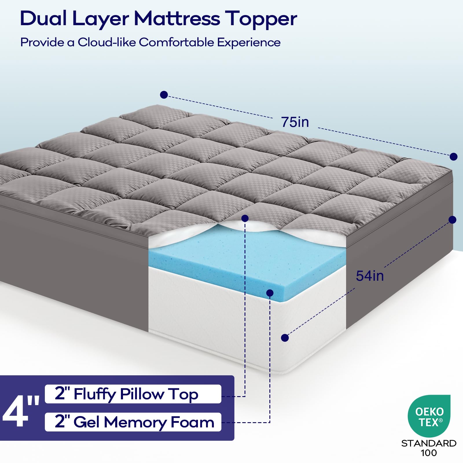 OLANLY Dual-Layer 4 Inch Queen Size Memory Foam Mattress Topper for Back Pain, 2 Inch Cooling Pillow Top Mattress Pad Cover and 2 Inch Gel Memory Foam Topper, Deep Elastic Pocket, Grey