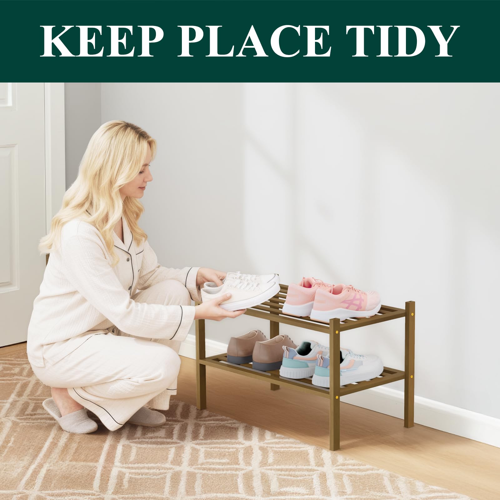 Smiry Bamboo Shoe Rack 3-Tier, Stackable Wooden Shoe Organizer for Entryway & Closet, Free Standing Wood Shoe Storage Shelf for Front Door & Small Spaces, Natural