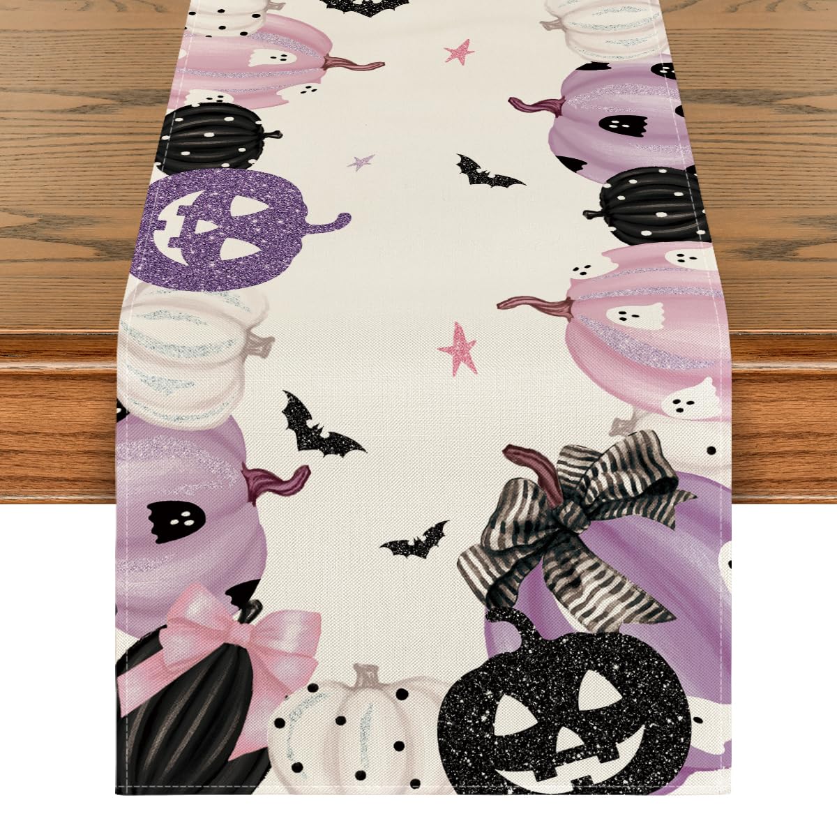 Artoid Mode Pink Jack-O-Lantern Pumpkin Bat Halloween Table Runner, Holiday Kitchen Dining Table Decoration for Indoor Outdoor Home Party Decor 13 x 72 Inch
