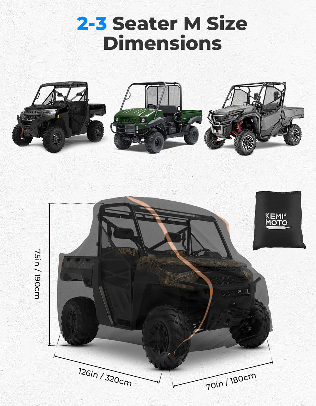 KEMIMOTO UTV Cover 2 Seater All-Weather Protection, Compatible with Polaris Ranger XP 1000/ Mule/Pioneer/Wolverine/CFMOTO UForce, Ranger Cover 2-3 Seater PU Oxford Cloth Windproof Medium Size
