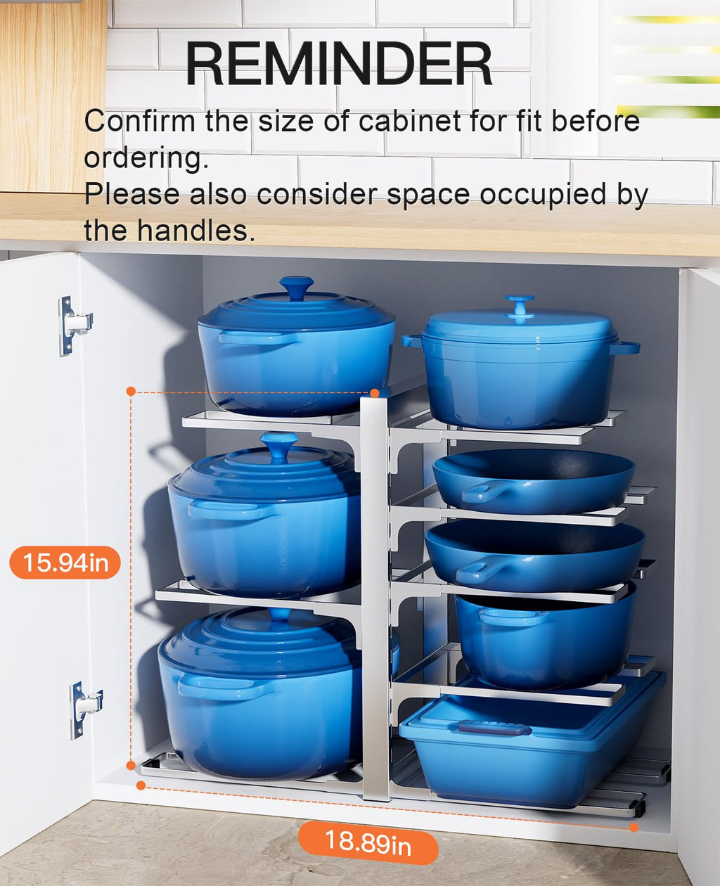 ORDORA Pots and Pans Organizer for Cabinet 16.61 Height, 8 Tier Pot Organizers Rack with 3 DIY Methods, Adjustable Pan Organizer under Cabinet Kitchen Organization and Storage