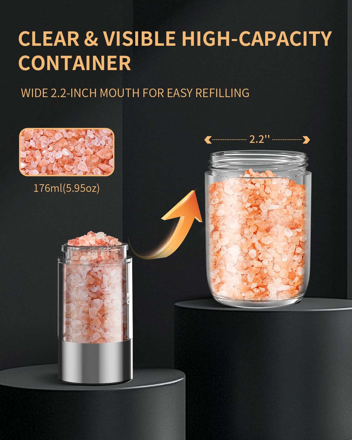 CIRCLE JOY Rechargeable Salt and Pepper Grinder Set Gravity Electric Salt and Pepper Grinder Set, LED Light, Adjustable Coarseness, for Home Kitchen BBQ, Black & White