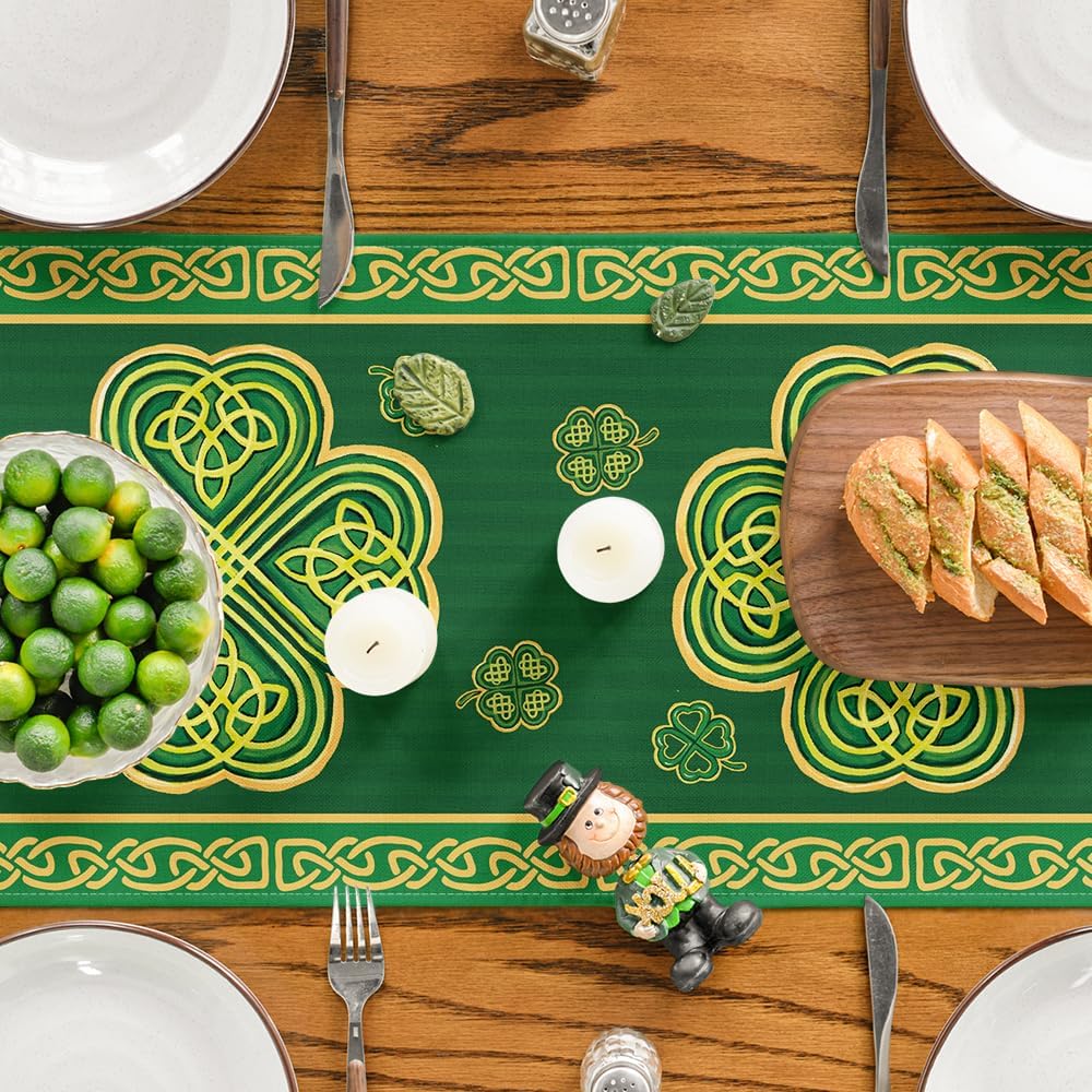 Artoid Mode Green Stripes Shamrocks 210 GSM St.Patrick's Day Table Runner, Seasonal Spring Kitchen Dining Table Runner for Home Party Decor 13x72 Inch