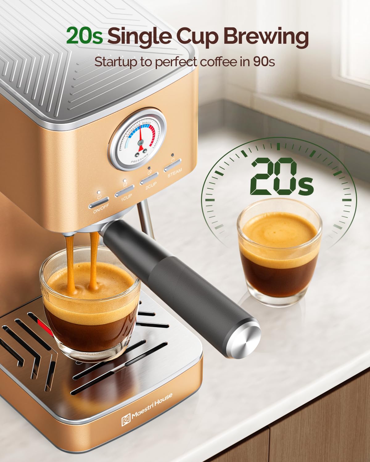 Maestri House Espresso Machine, 20 Bar ULKA Pump, Compact Espresso Maker Built-in Flow Meter Steam Milk Frother, Stainless Steel Coffee Machine for Cappuccino, Latte (Black)