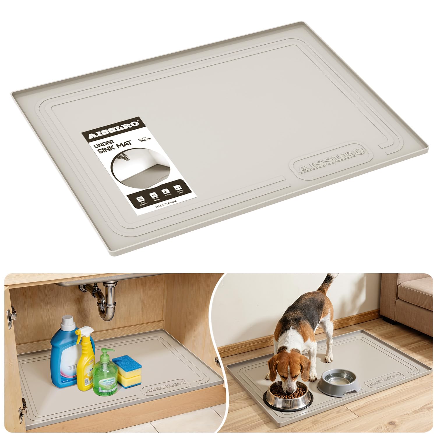Aisslro Under Sink Mat 22" X 19", Waterproof Silicone Cabinet Protector with Raised Edge, Kitchen & Bathroom Leak Tray, Shelf Liner & Pet Feeding Mat for Dog Cat Food Mats, Light Gray