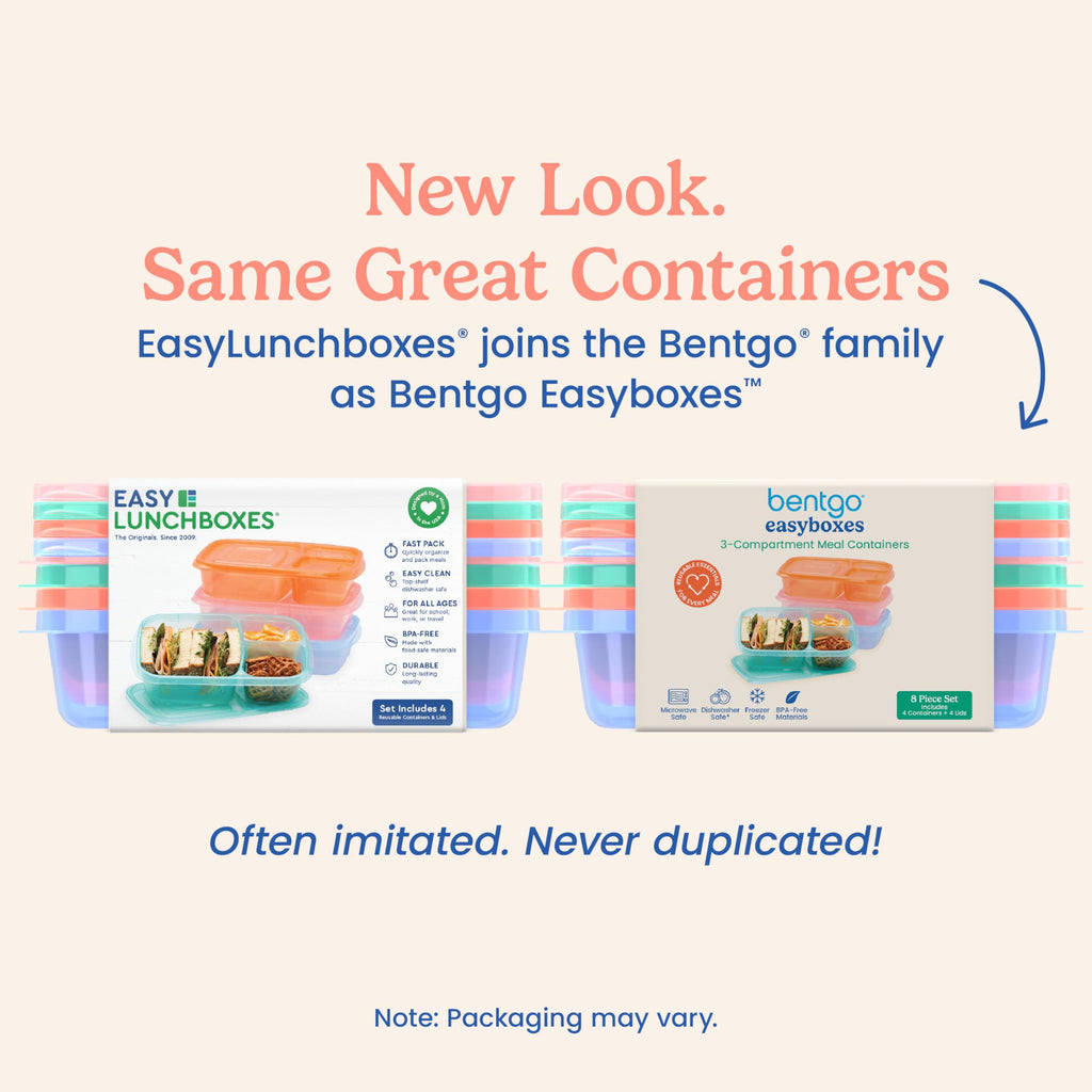 Bentgo Easyboxes - Original Stackable Lunch Boxes - Reusable 3-Compartment Food Containers for Kids and Adults - Bento Lunch Box for Meal Prep, School, & Work - BPA Free, Set of 4 (Classic)