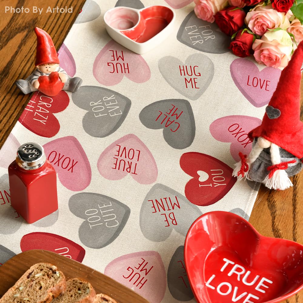 Artoid Mode Ture Love Heart Valentine's Day Table Runner, Seasonal Kitchen Dining Table Decoration for Home Party Decor 13x72 Inch