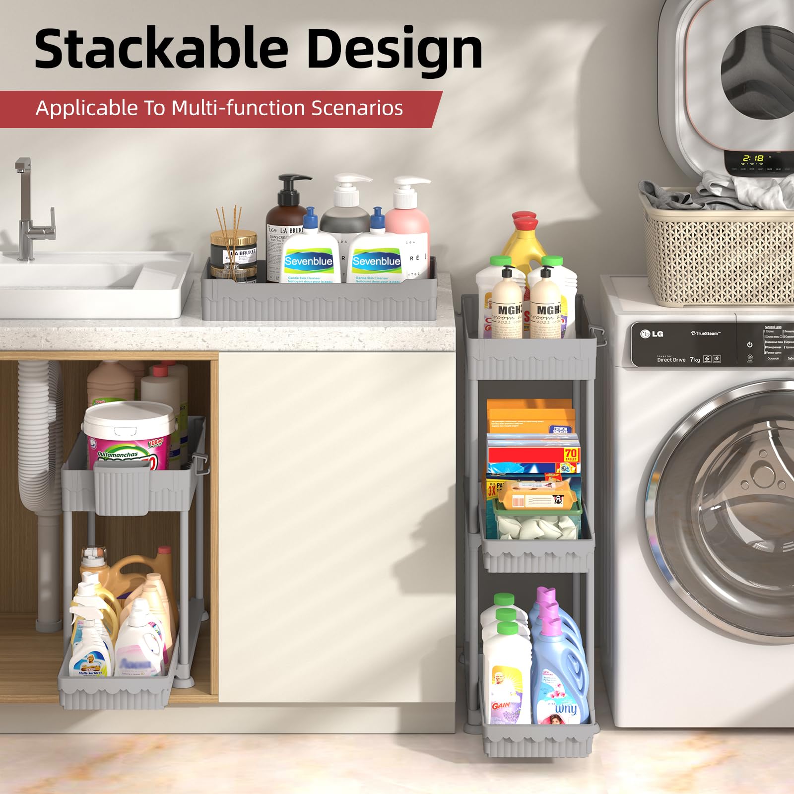 4 Pack Under Sink Organizer, Bathroom Organizers and Storage, 2 Tier Multi-Use Pull Out Cabinet Organizer with Hang Hooks and Cups (Black, 4 Pack)