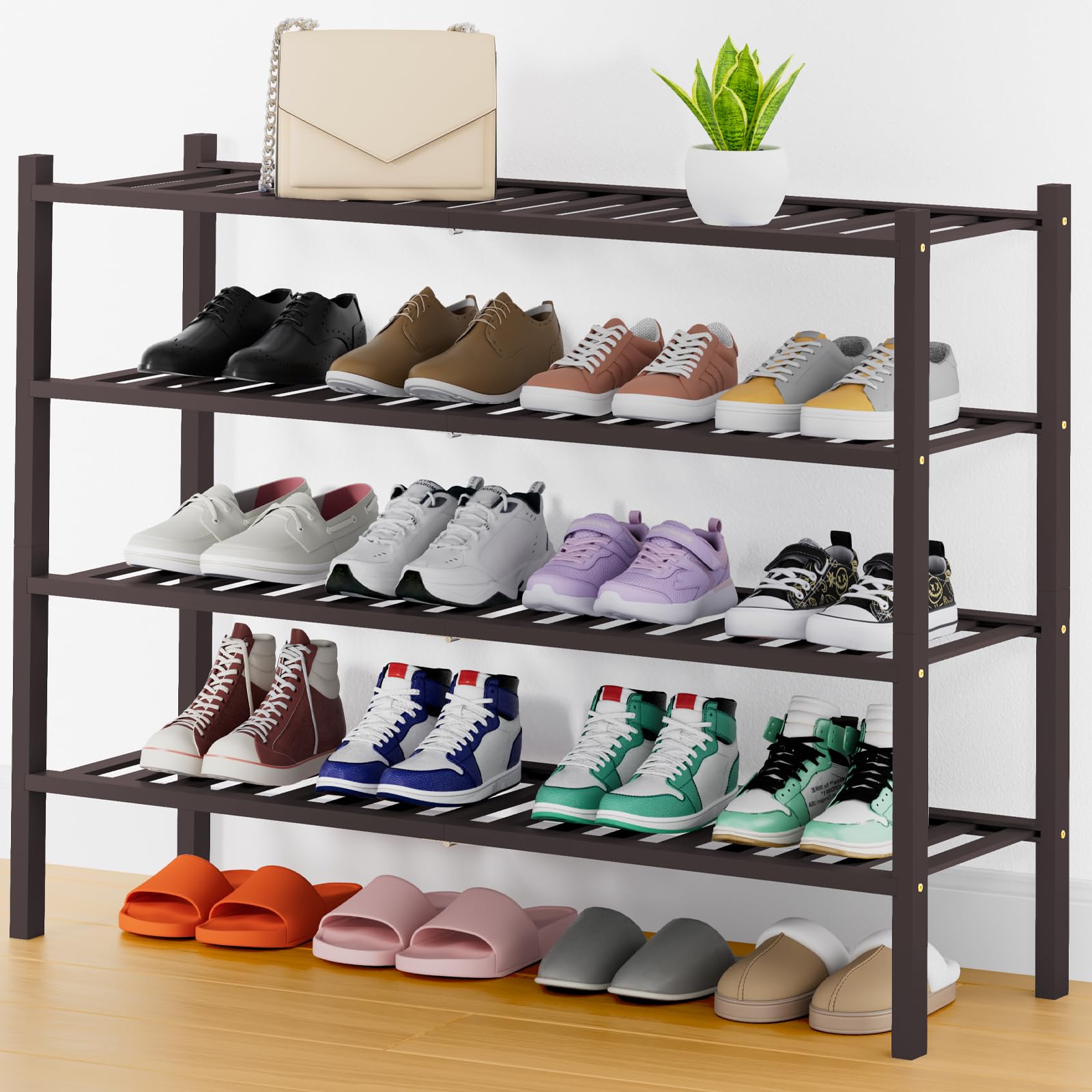 Smiry Shoe Rack, 3 Tier Bamboo Shoe Organizer, Stackable Free Standing Wooden Shoe Storage Shelf for Closet, Entryway, Front Door Entrance, Natural