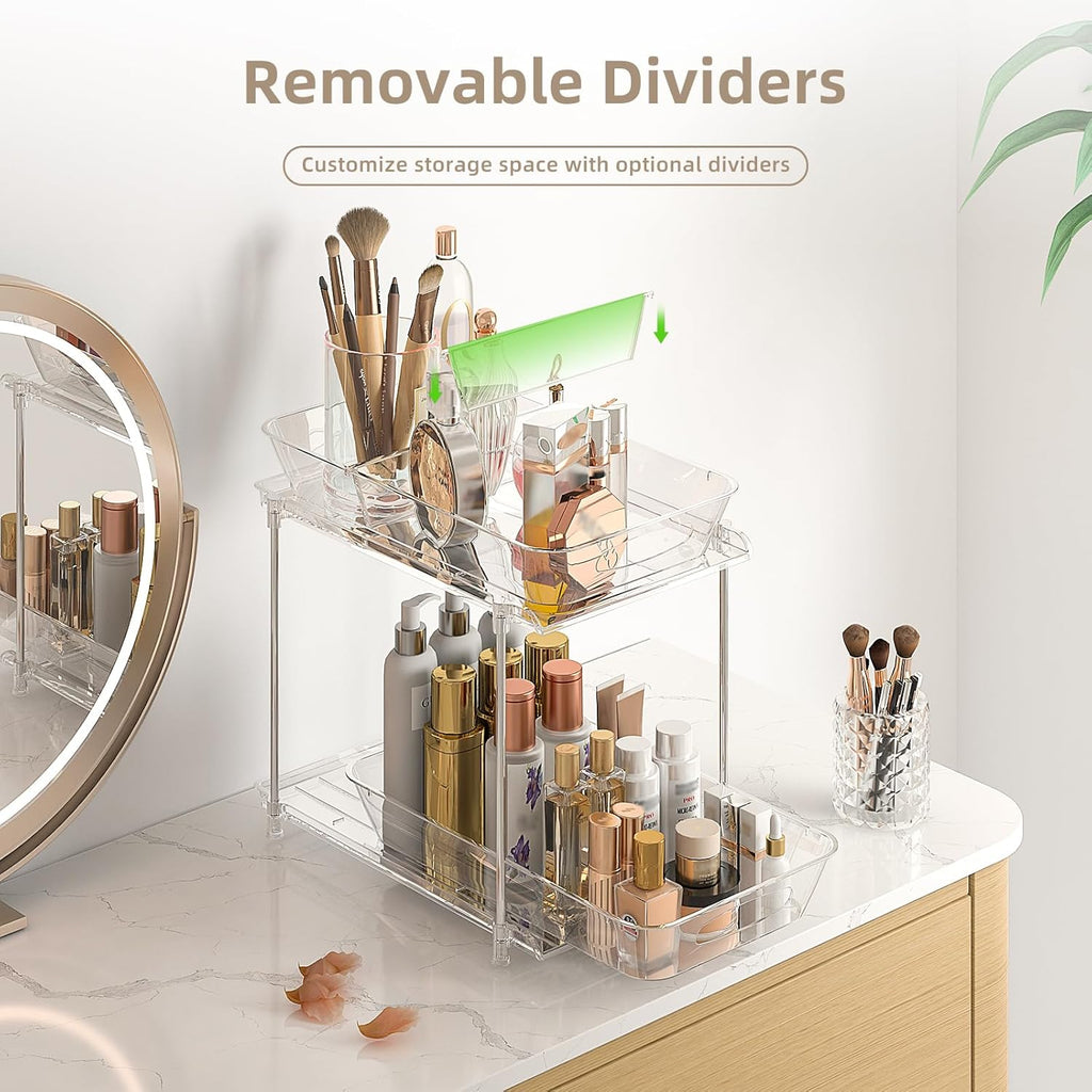 2 Pack Bathroom Cabinet Organizer, 2 Tier Clear Under Sink Organizers and Storage Medicine Cabinet Organizer with Dividers, Pull Out Kitchen Pantry Shelf Cupboard Closet Vanity Organization Bins