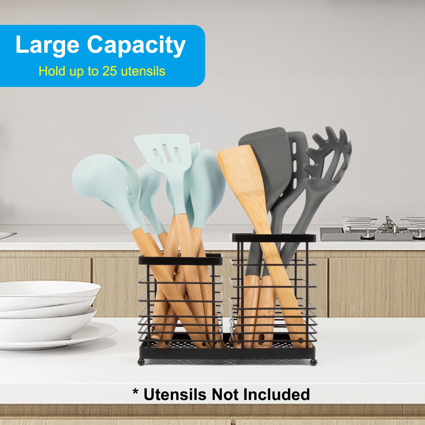 RedCall Utensil Holder for Countertop,Stainless Steel Kitchen Holder,2-In-1 Spoon Spatula Holder for Kitchen Counter,Large Wire Utensils Organizer,Cooking Tool Holder Storage Crock (2 Compartment)