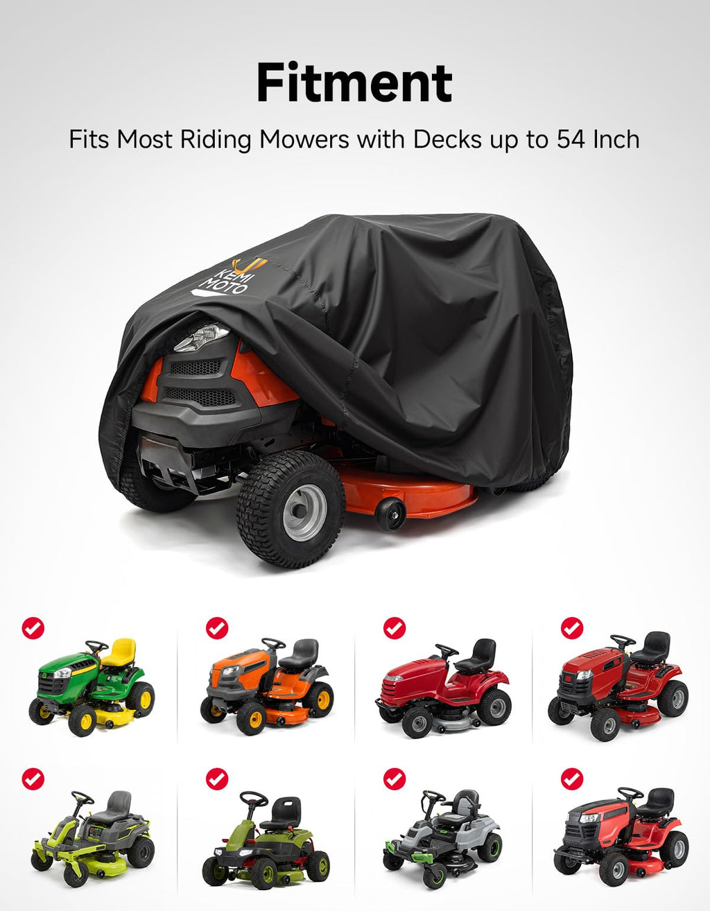 KEMIMOTO Riding Lawn Mower Cover with Windproof Buckle, Universal Fit for Riding Lawnmowers with decks up to 54'', Compatible with John Deere, Husqvarna, Cub Cadet, Toro, Ryobi, 420D Oxford