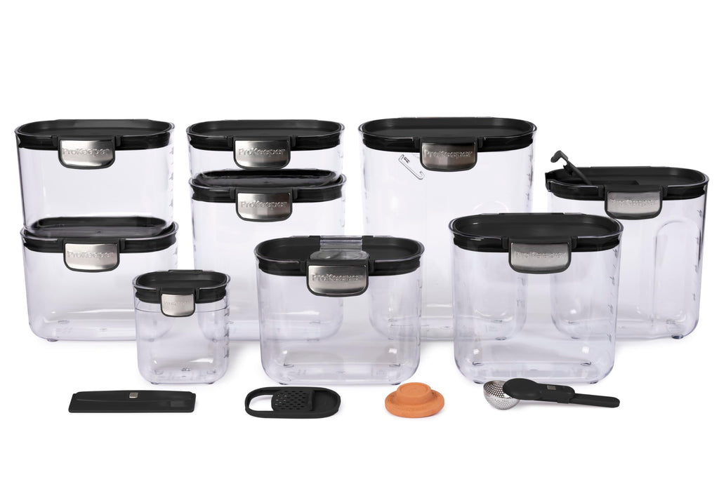 ProKeeper+ Airtight Food Storage Container Set – Clear Plastic Flour and Sugar Canister Set with Magnetic Accessories for Kitchen Organization (Grey, 9-Piece)