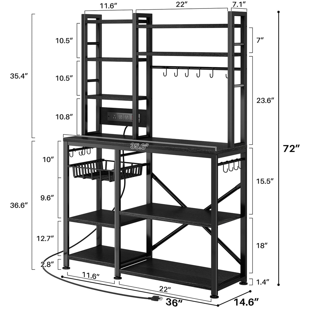 Baker Rack with Power Outlet - Microwave Stand with Storage, Large Coffee Bar Station with 14 Hooks, Metal Kitchen Shelf Rack for Spices, Pots (Rustic Brown) | with Power Outlet, with Storage, with 14 Hooks, for Spices, for Pots
