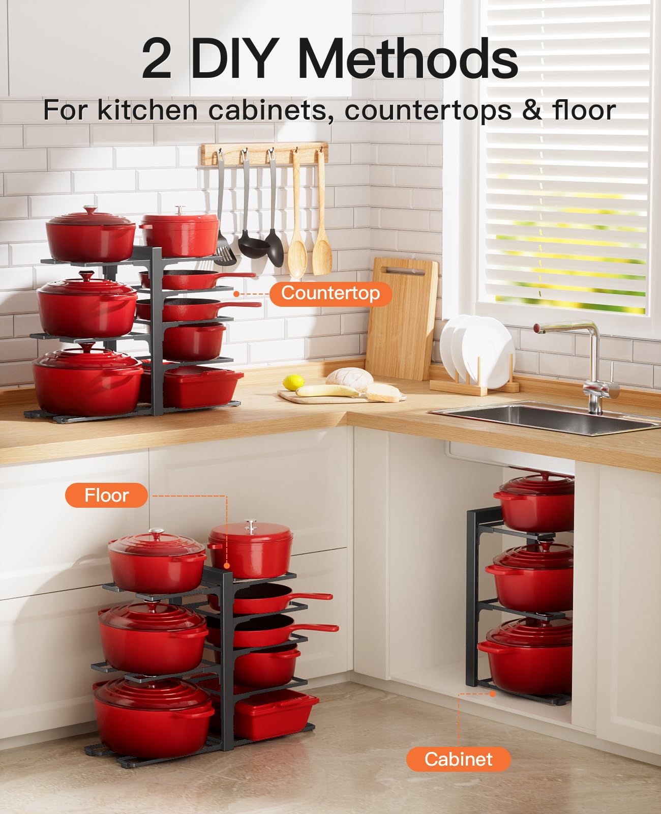 ORDORA Pots and Pans Organizer for Cabinet 16.61 Height, 8 Tier Pot Organizers Rack with 3 DIY Methods, Adjustable Pan Organizer under Cabinet Kitchen Organization and Storage